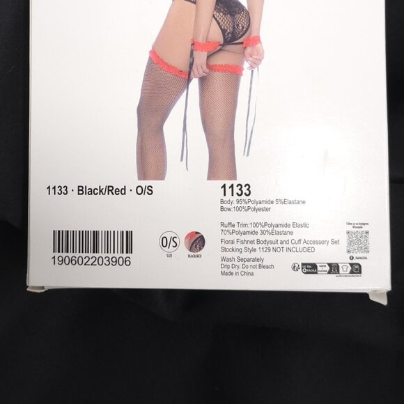Mapale Black Lace Bodysuit Lingerie Floral Fishnet Red Accent One Size - Picture 5 of 6